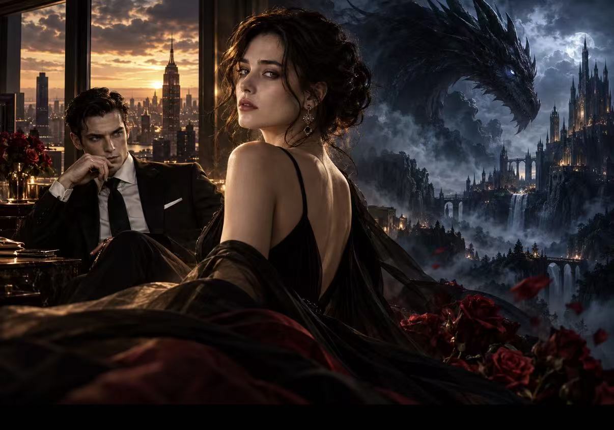 WINIRO story visual combining an urban drama scene with a dragon and castle.
